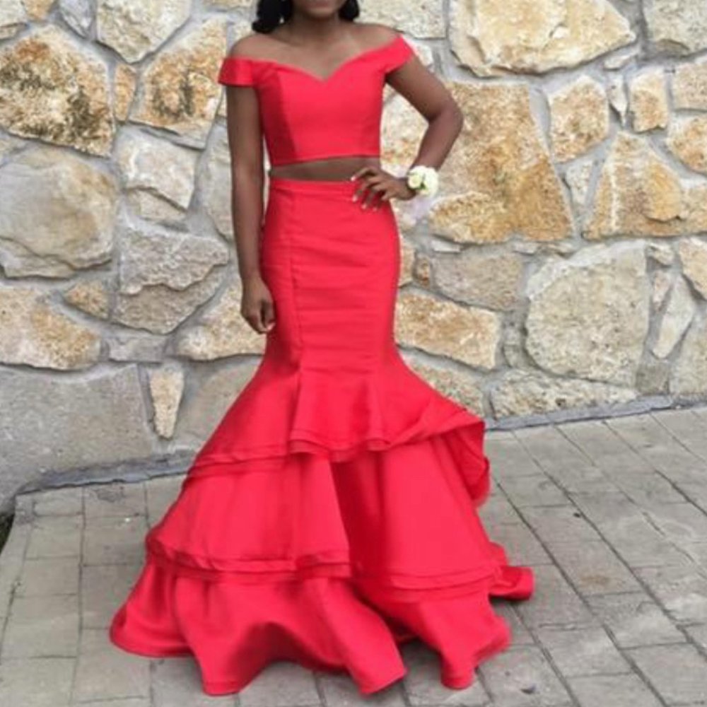 Jovani Red Two Piece Mermaid Prom Dress Style #46866 Size 2